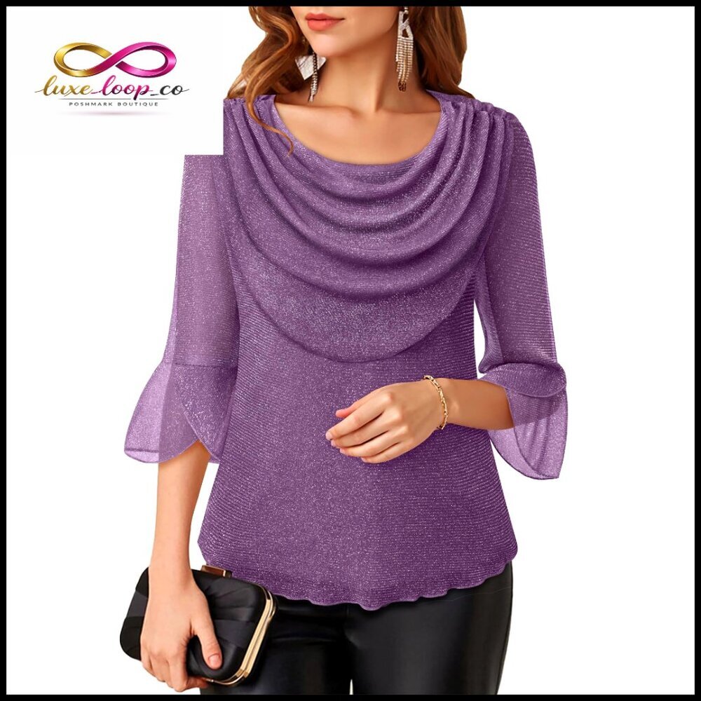 Sparkly Cowl Neck Blouse 3/4 Sleeve Slim Fit Party Top